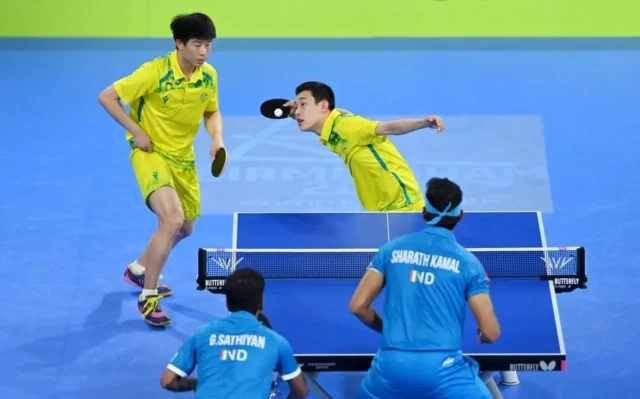 Commonwealth_Game Nicholas Lum and Finn Luu of Team Australia compete against Sharath Kamal Achanta and Sathiyan Gnanasekaran of Team India during the Men's Doubles - Semi-Final 2 match at he Birmingham 2022 Commonwealth Games on August 6, 2022. Credit: Birmingham2022.com